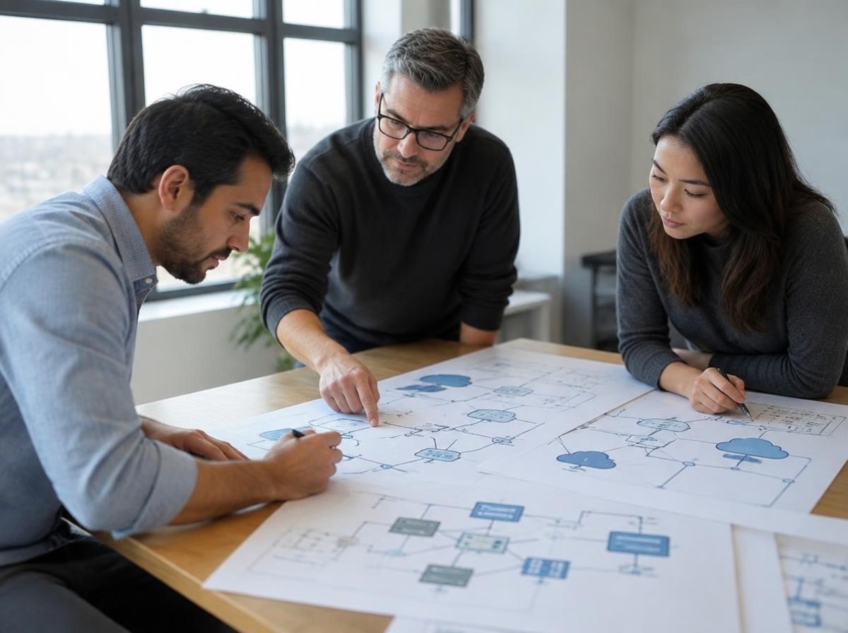 Three technologists planning connected enterprise systems on printed architecture diagrams