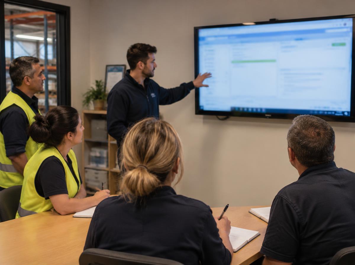 Trainer walking operations staff through a new workflow on a wall screen while they take notes