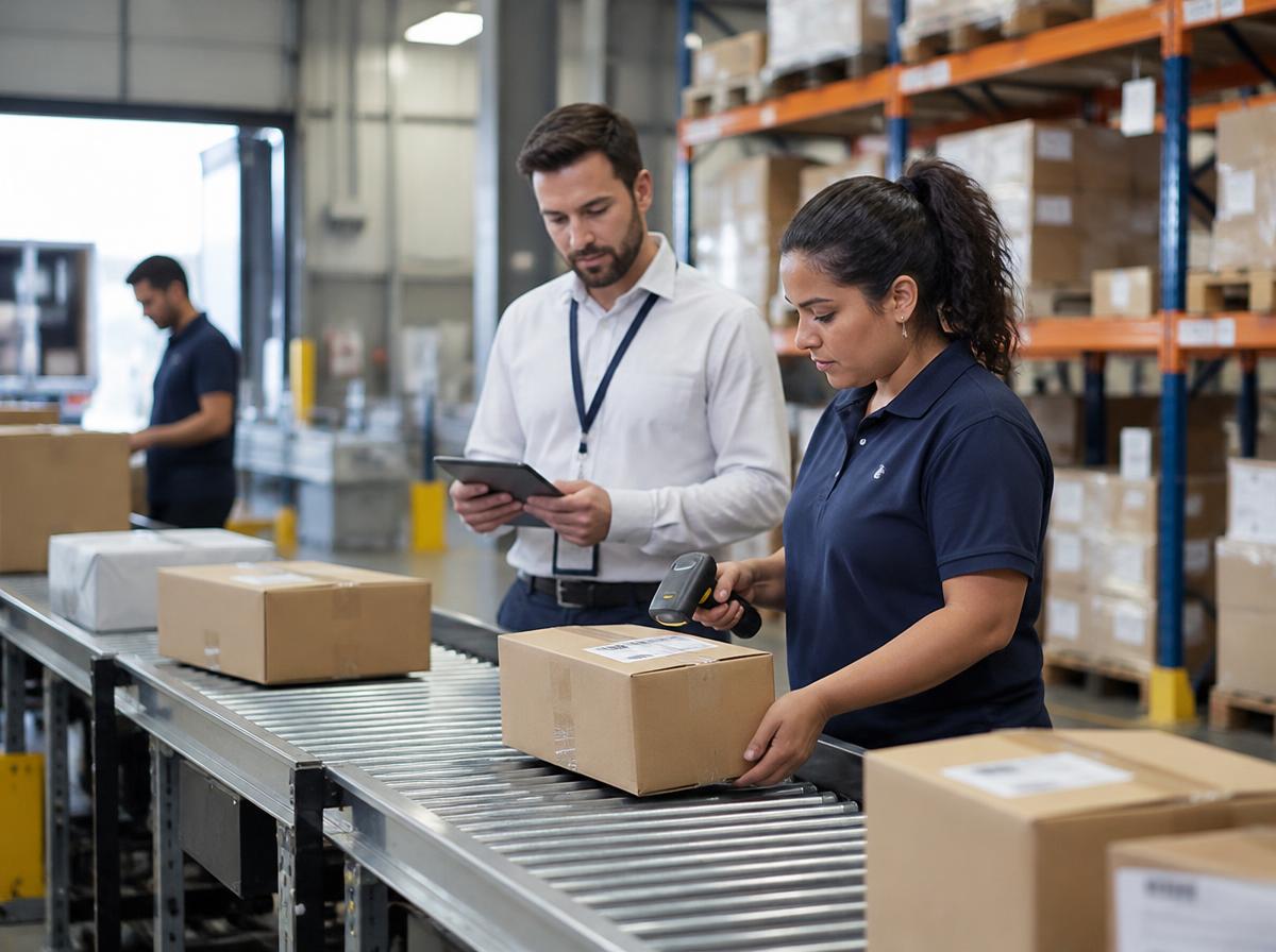 Operations worker scanning a parcel on a conveyor while a supervisor checks a tablet