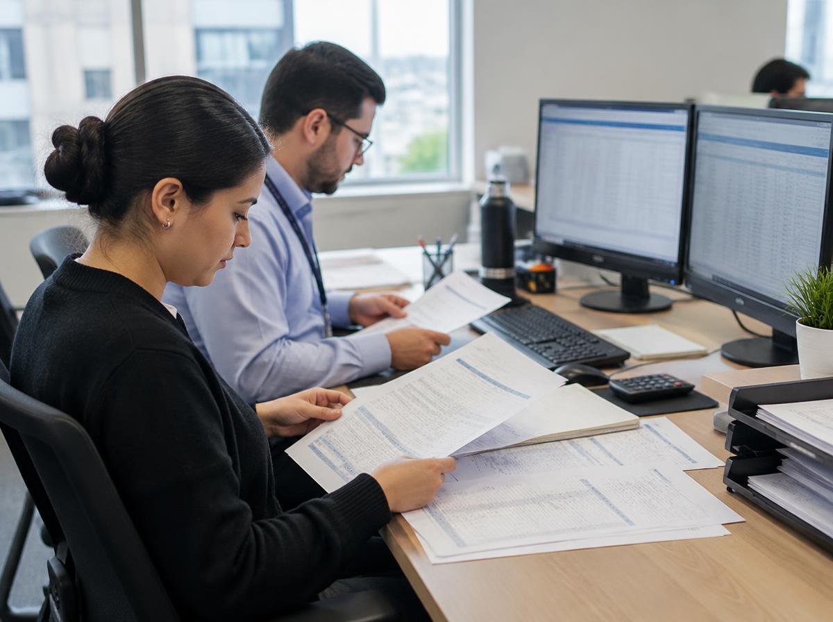 Operations analysts reviewing printed reports at desks with spreadsheet monitors