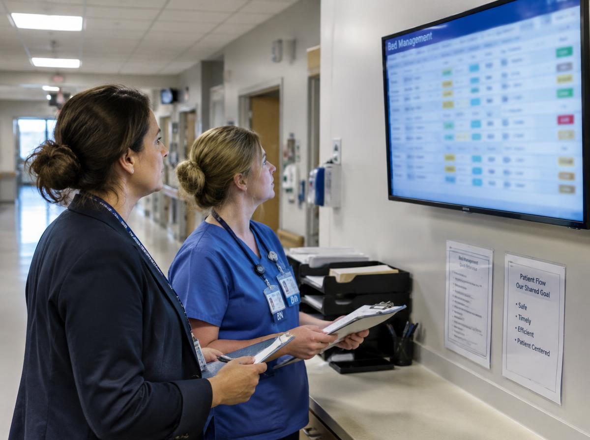 Hospital coordinator and nurse checking a bed management display at a nursing station