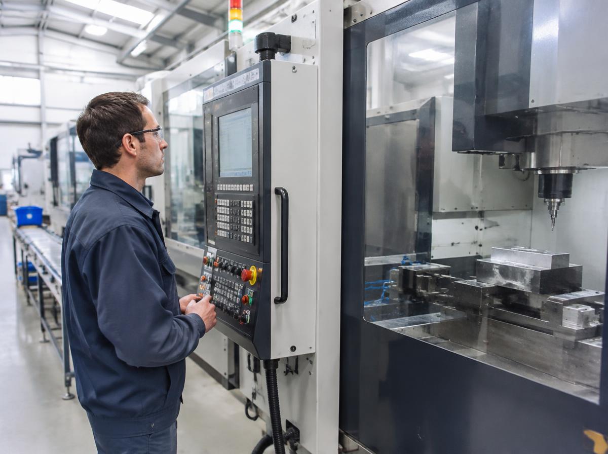 Technician in safety glasses operating the control panel of a CNC machine on a production line
