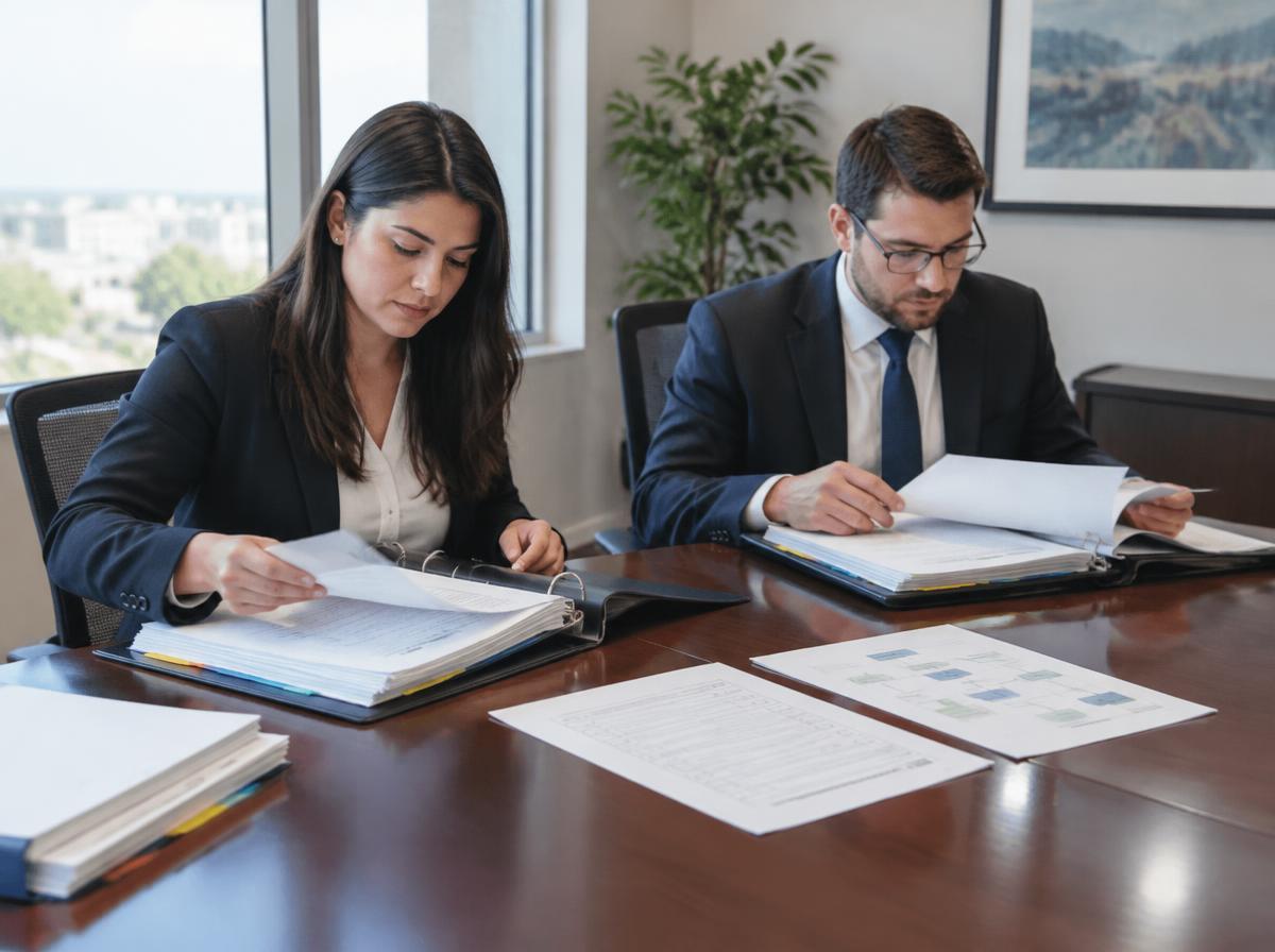 Two professionals reviewing client binders and printed workflow documents at a conference table