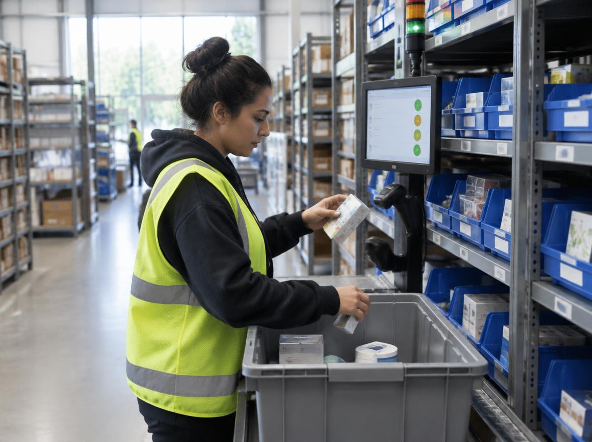 Fulfillment worker picking items from bins into an order tote at a lit pick station