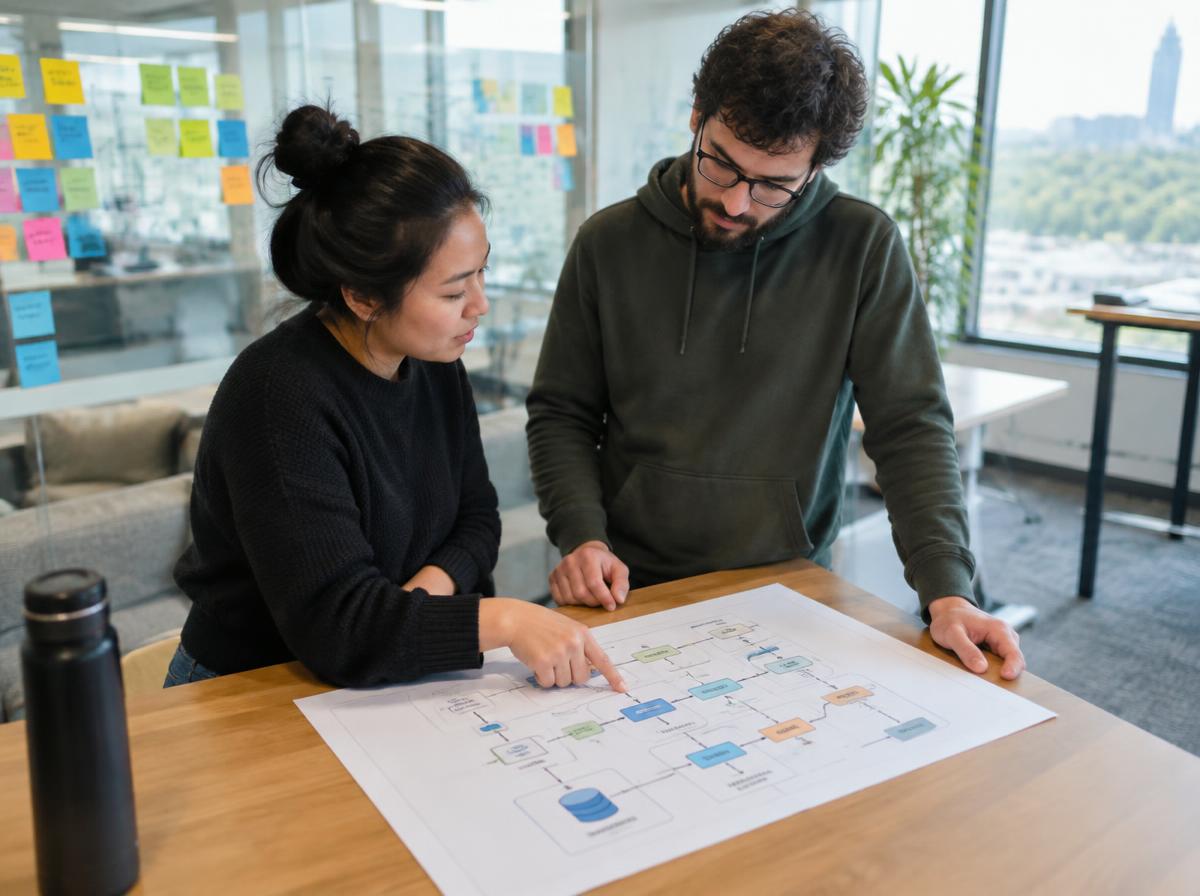 Two engineers reviewing a printed system architecture diagram at a shared desk