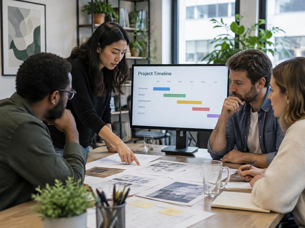 Technology team reviewing a project timeline and printed plans around a shared table