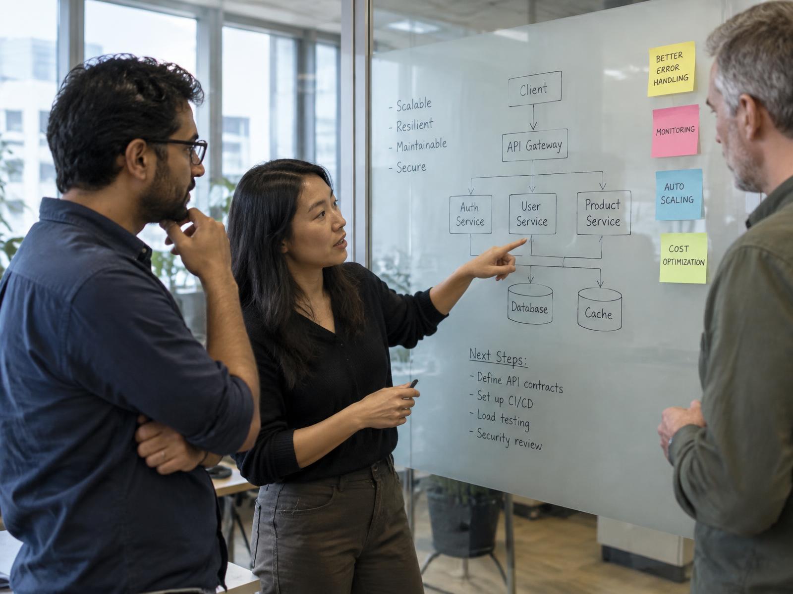 Three technology professionals discussing a software architecture diagram on a glass wall