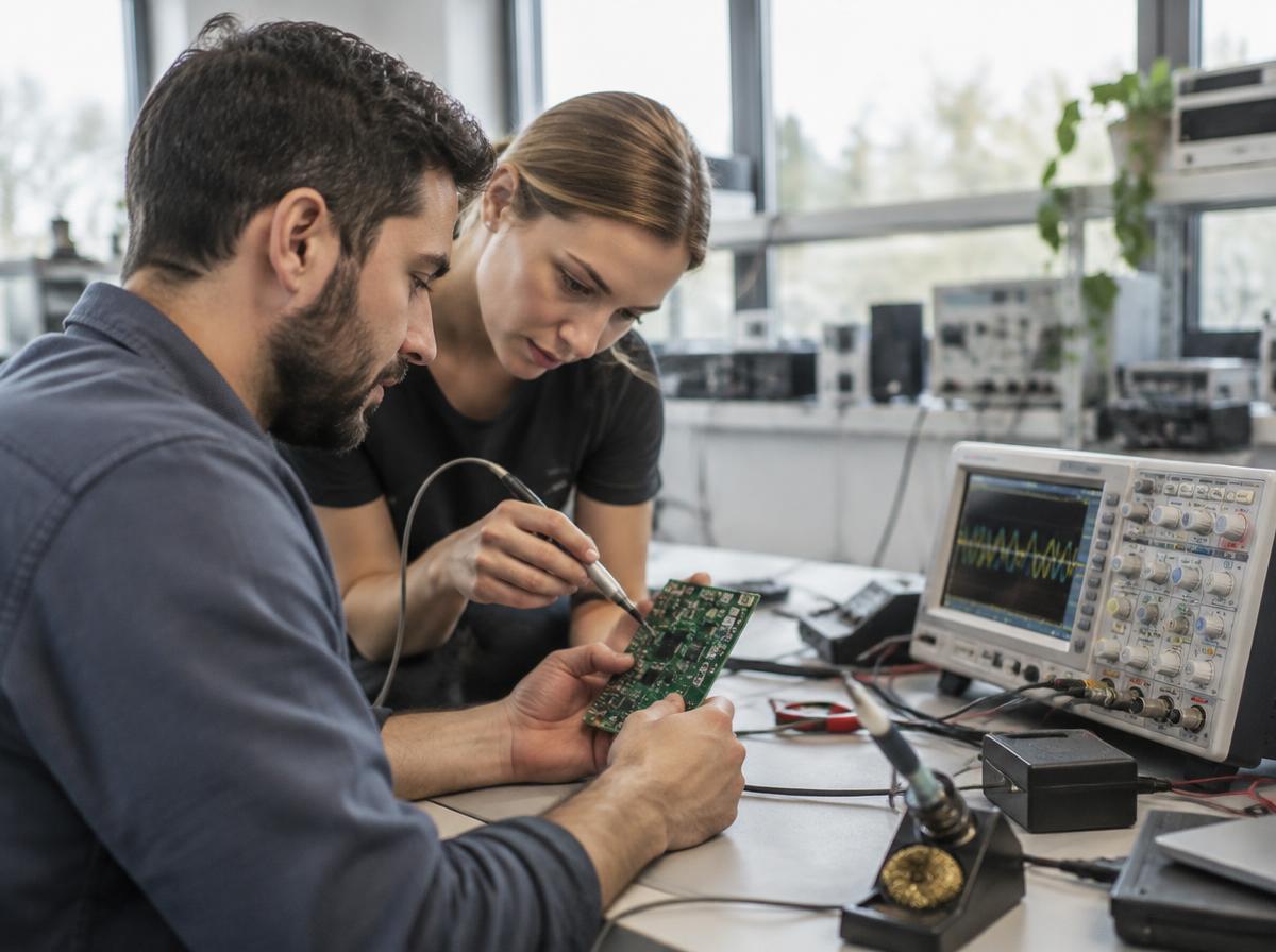 Two engineers inspecting a circuit board beside test equipment in a lab