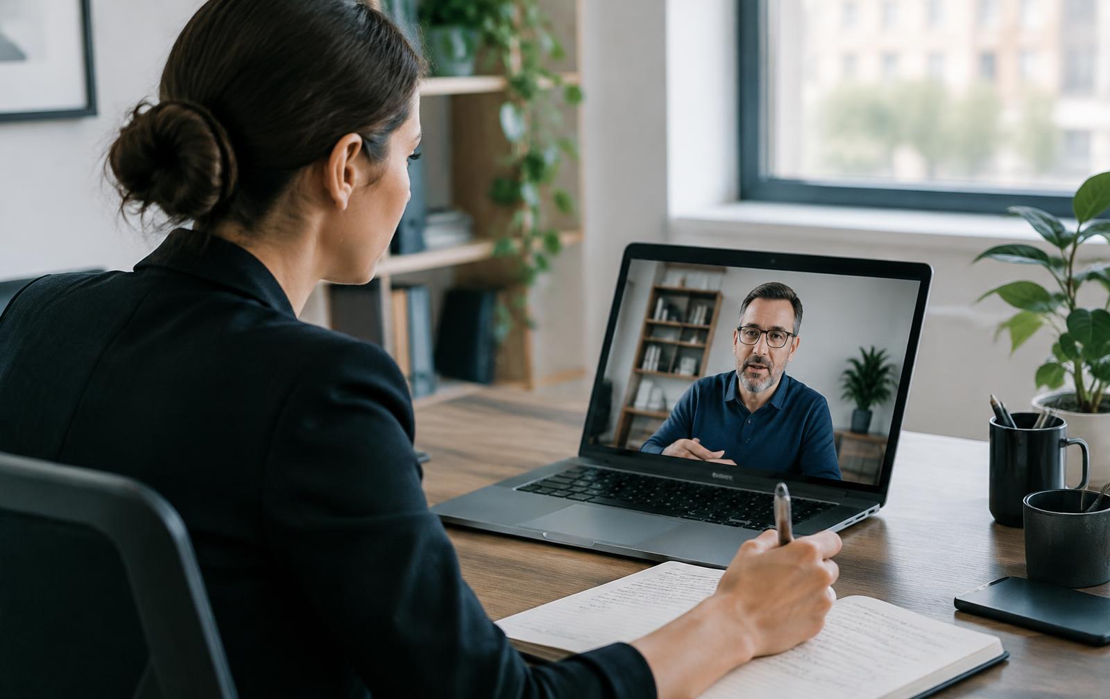 Technical recruiter taking notes during a video interview with a senior engineer candidate