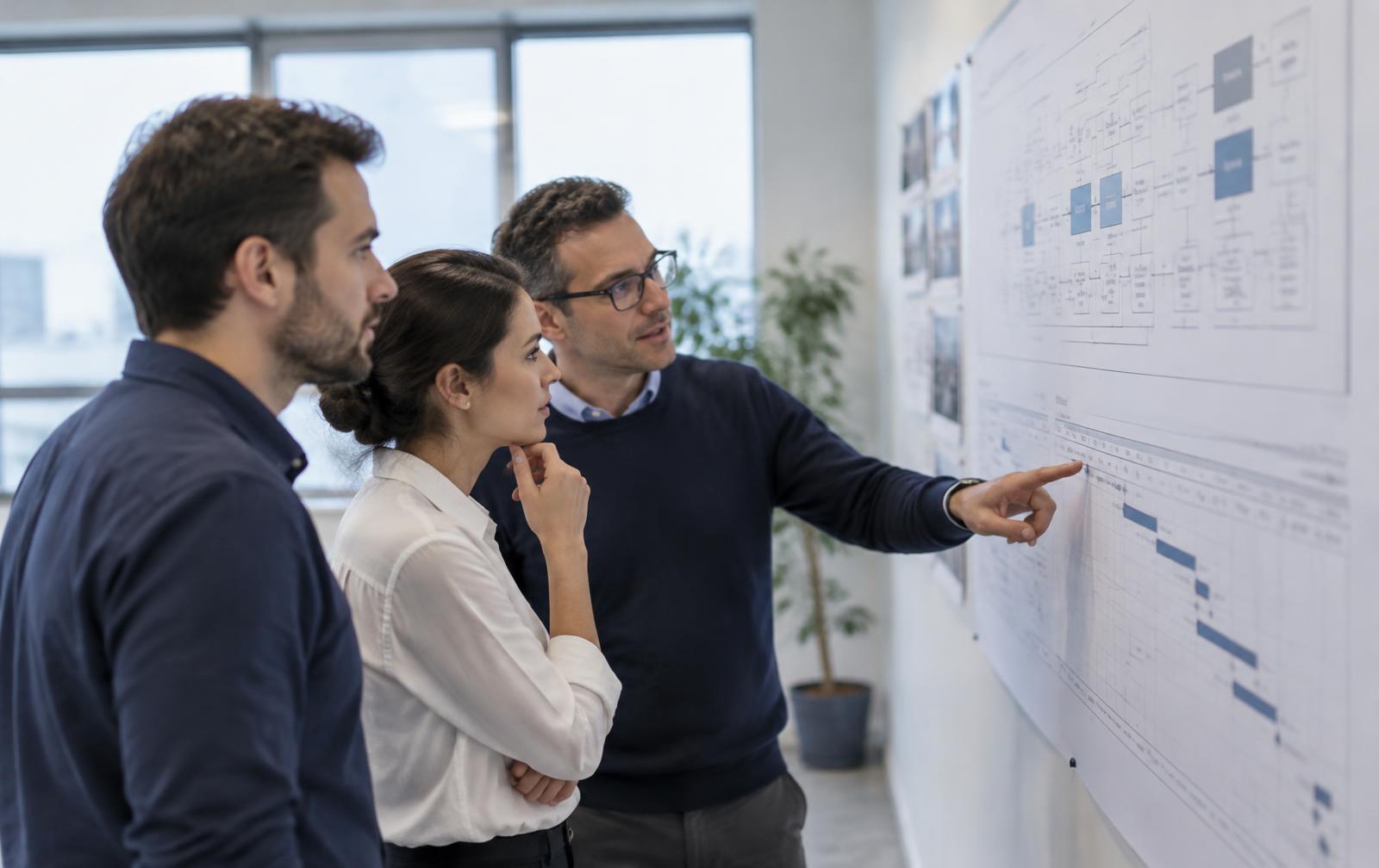Three engineers reviewing a printed system architecture plan and milestone schedule on an office wall
